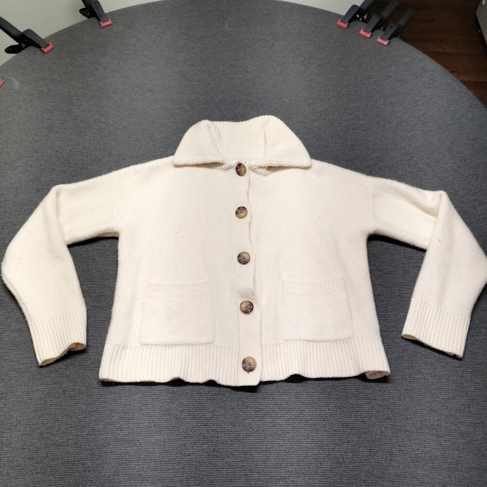 Magaschoni 100% Cashmere Cream Button Front Collared Cardigan Sweater Size M.